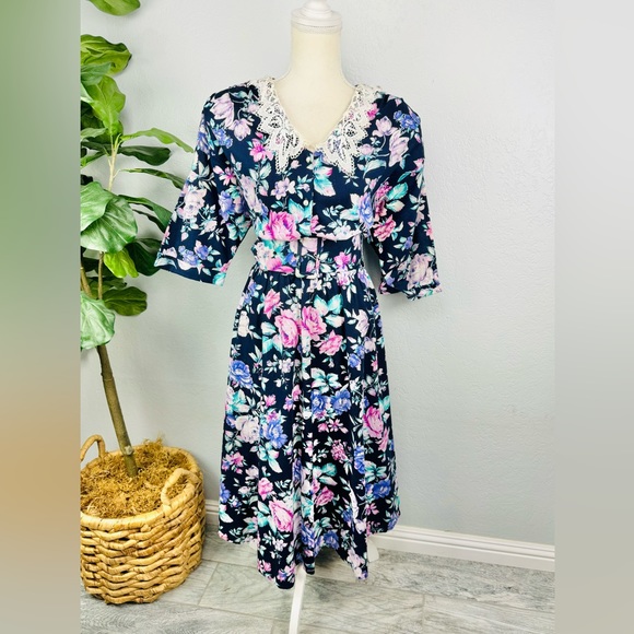 Vintage Ms. Choice Lace Collar Floral Midi 90s Princess Shabby Chic Dress - Picture 1 of 9